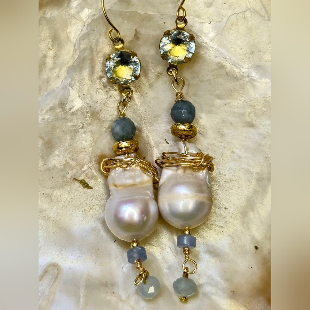 Genuine 3.5 Aquamarine In Long Gold Plated Earrings With Large Baroque Pearl